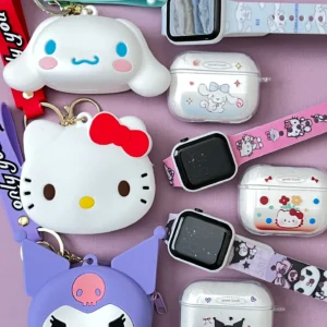 Sanrio Kawaii Watch & Earbuds Set – 3pc Kit with Kuromi/Hello Kitty/Cinnamoroll Silicone Pouch